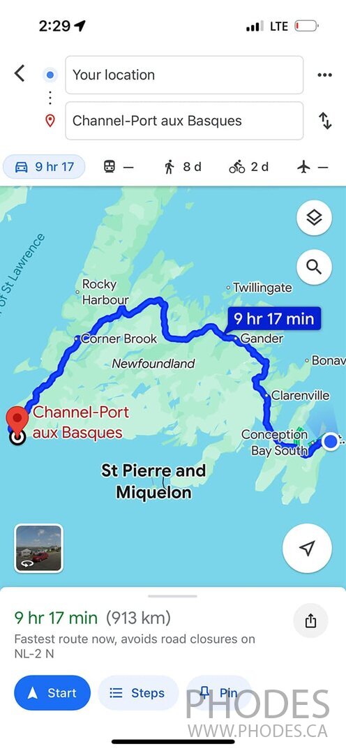 Carte routière du cap Spear à Channel-Port-aux-Basques - Terre-Neuve